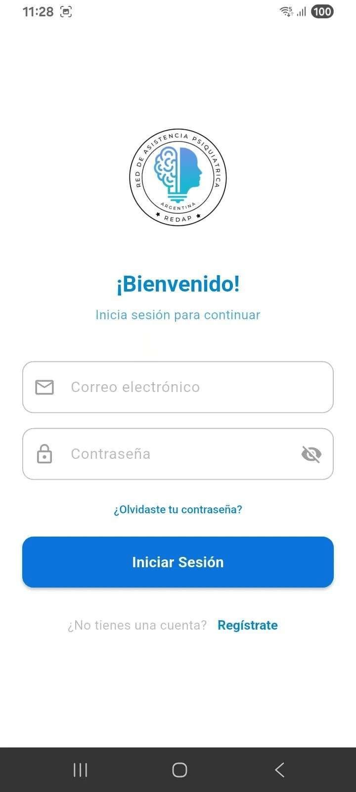 Pantalla de inicio de sesión de la app RedAP