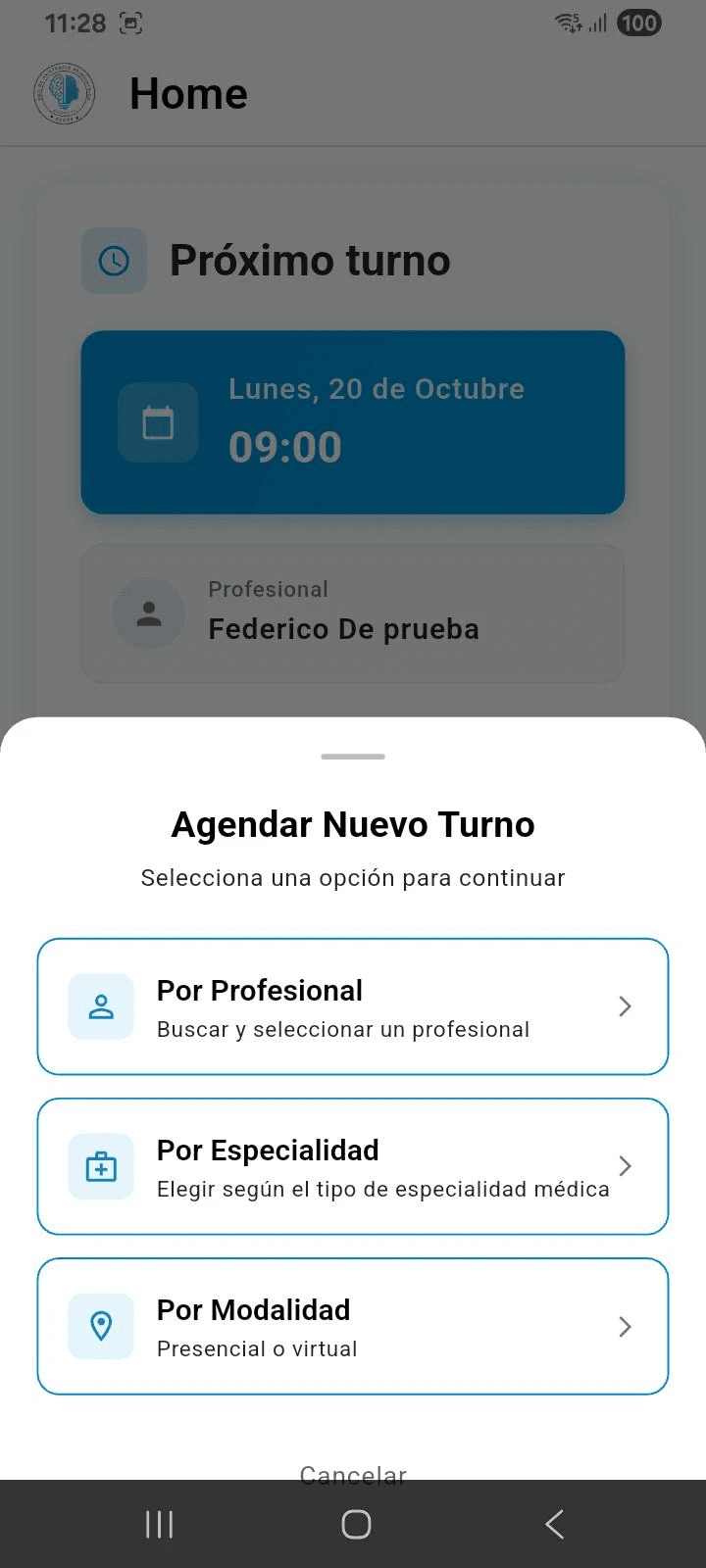 Opciones para agendar nuevo turno en la app RedAP